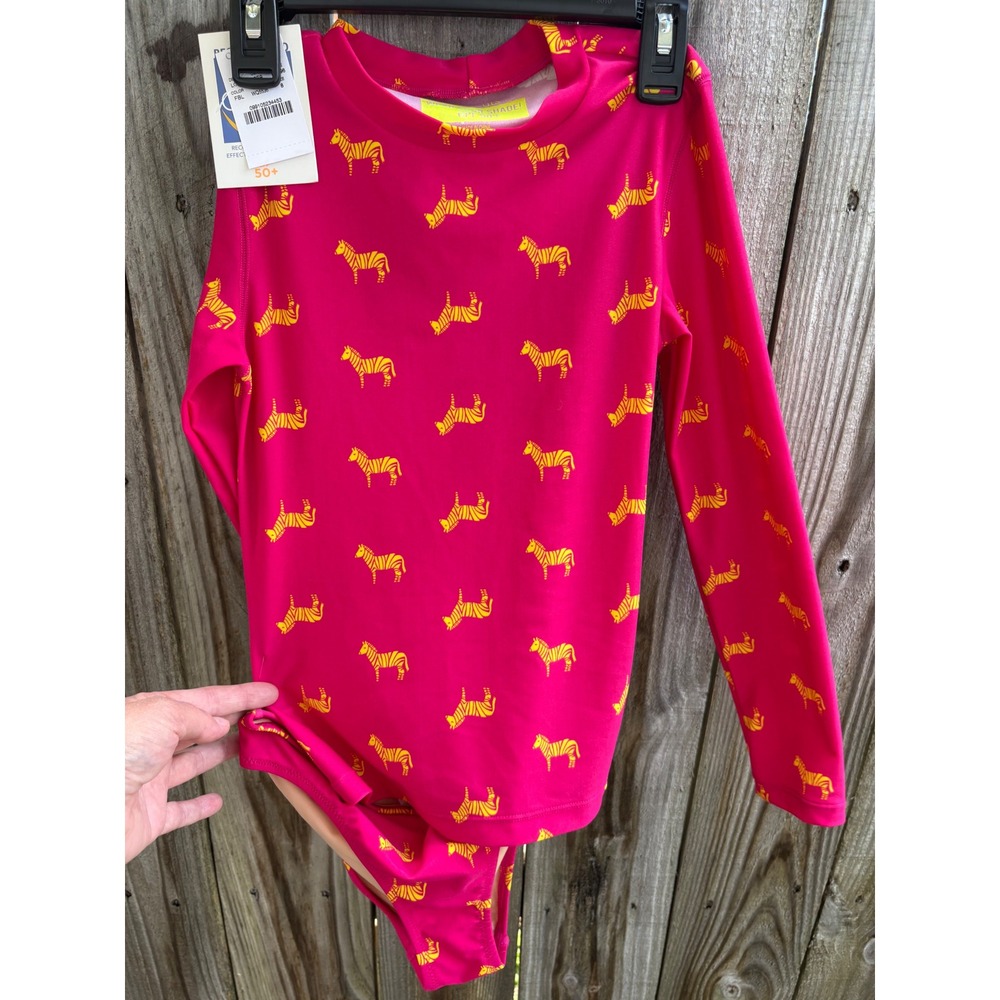 Crewcuts Girls Pink Yellow Zebra Rash Guard Swimsuit Set UPF 50+ K3696 Size 8